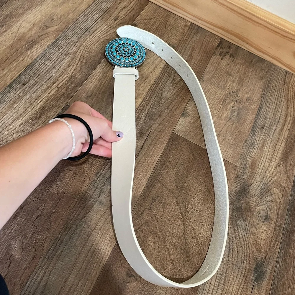 White Women's Belt with Turquoise Medallion Buckle